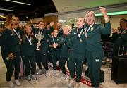 18 September 2024; The team on arrival at Dublin Airport during the Men's and Women's Republic of Ireland Homeless teams' return from the 2024 Homeless World Cup in South Korea, where the Women's Team won the Trophy Stage and the Men's Team finished 8th. Photo by David Fitzgerald/Sportsfile