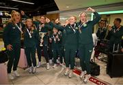 18 September 2024; The team on arrival at Dublin Airport during the Men's and Women's Republic of Ireland Homeless teams' return from the 2024 Homeless World Cup in South Korea, where the Women's Team won the Trophy Stage and the Men's Team finished 8th. Photo by David Fitzgerald/Sportsfile