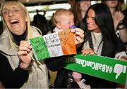 18 September 2024; Families and supporters at Dublin Airport during the Men's and Women's Republic of Ireland Homeless teams' return from the 2024 Homeless World Cup in South Korea, where the Women's Team won the Trophy Stage and the Men's Team finished 8th. Photo by David Fitzgerald/Sportsfile