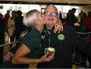 18 September 2024; Siobhan Kennedy and coach Alan O'Halloran on arrival at Dublin Airport during the Men's and Women's Republic of Ireland Homeless teams' return from the 2024 Homeless World Cup in South Korea, where the Women's Team won the Trophy Stage and the Men's Team finished 8th. Photo by David Fitzgerald/Sportsfile