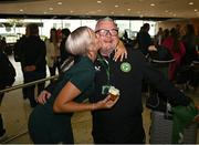 18 September 2024; Siobhan Kennedy and coach Alan O'Halloran on arrival at Dublin Airport during the Men's and Women's Republic of Ireland Homeless teams' return from the 2024 Homeless World Cup in South Korea, where the Women's Team won the Trophy Stage and the Men's Team finished 8th. Photo by David Fitzgerald/Sportsfile
