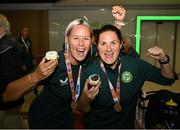 18 September 2024; Siobhan Kennedy, left, and Nicola Duffy on arrival at Dublin Airport during the Men's and Women's Republic of Ireland Homeless teams' return from the 2024 Homeless World Cup in South Korea, where the Women's Team won the Trophy Stage and the Men's Team finished 8th. Photo by David Fitzgerald/Sportsfile