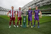 30 September 2024; Drogheda United's Douglas James Taylor, left, and Luke Heeney with Wexford's Ethan Boyle and Lewis Temple, right, during the Sports Direct Men's FAI Cup semi-finals media day at the Aviva Stadium in Dublin. Photo by Stephen McCarthy/Sportsfile