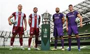30 September 2024; Drogheda United's Douglas James Taylor, left, and Luke Heeney with Wexford's Ethan Boyle and Lewis Temple, right, during the Sports Direct Men's FAI Cup semi-finals media day at the Aviva Stadium in Dublin. Photo by Stephen McCarthy/Sportsfile