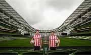 30 September 2024; Derry City's Daniel Kelly, left, and Ciaran Coll poses for a portrait during the Sports Direct Men's FAI Cup semi-finals media day at the Aviva Stadium in Dublin. Photo by Stephen McCarthy/Sportsfile