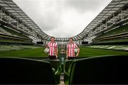 30 September 2024; Derry City's Daniel Kelly, left, and Ciaran Coll poses for a portrait during the Sports Direct Men's FAI Cup semi-finals media day at the Aviva Stadium in Dublin. Photo by Stephen McCarthy/Sportsfile
