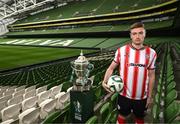 30 September 2024; Derry City's Daniel Kelly poses for a portrait during the Sports Direct Men's FAI Cup semi-finals media day at the Aviva Stadium in Dublin. Photo by Stephen McCarthy/Sportsfile