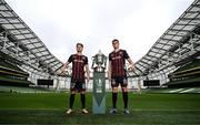 30 September 2024; Bohemians' Alex Grieve, left, and Leigh Kavanagh pose for a portrait during the Sports Direct Men's FAI Cup semi-finals media day at the Aviva Stadium in Dublin. Photo by Stephen McCarthy/Sportsfile