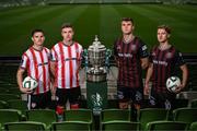 30 September 2024; Derry City's Ciaran Coll, left, and Daniel Kelly with Bohemians' Leigh Kavanagh and Alex Grieve, right, during the Sports Direct Men's FAI Cup semi-finals media day at the Aviva Stadium in Dublin. Photo by Stephen McCarthy/Sportsfile
