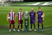 30 September 2024; Drogheda United's Douglas James Taylor, left, and Luke Heeney with Wexford's Ethan Boyle and Lewis Temple, right, during the Sports Direct Men's FAI Cup semi-finals media day at the Aviva Stadium in Dublin. Photo by Stephen McCarthy/Sportsfile