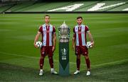 30 September 2024; Drogheda United's Douglas James Taylor, left, and Luke Heeney pose for a portrait during the Sports Direct Men's FAI Cup semi-finals media day at the Aviva Stadium in Dublin. Photo by Stephen McCarthy/Sportsfile