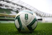 30 September 2024; A general view of the Sports Direct Men's FAI Cup match ball during the Sports Direct Men's FAI Cup semi-finals media day at the Aviva Stadium in Dublin. Photo by Stephen McCarthy/Sportsfile