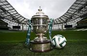 30 September 2024; A general view of the Sports Direct Men's FAI Cup and FAI Cup Final match ball during the Sports Direct Men's FAI Cup semi-finals media day at the Aviva Stadium in Dublin. Photo by Stephen McCarthy/Sportsfile