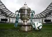 30 September 2024; A general view of the Sports Direct Men's FAI Cup and FAI Cup Final match ball during the Sports Direct Men's FAI Cup semi-finals media day at the Aviva Stadium in Dublin. Photo by Stephen McCarthy/Sportsfile