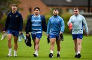 30 September 2024; Leinster players, form left, Lee Barron, Thomas Clarkson, Michael Milne and Jack Boyle arrive for squad training at UCD in Dublin. Photo by Brendan Moran/Sportsfile