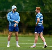 30 September 2024; Harry Byrne, left, and Ruben Moloney during Leinster rugby training at UCD in Dublin. Photo by Brendan Moran/Sportsfile
