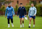 30 September 2024; Leinster players, from left, James Lowe, Jimmy O'Brien and Scott Penny arrive for squad training at UCD in Dublin. Photo by Brendan Moran/Sportsfile
