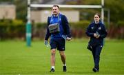 30 September 2024; Senior team performance analyst Brian Colclough, left, and assistant performance analyst Juliette Fortune arrive for Leinster squad training at UCD in Dublin. Photo by Brendan Moran/Sportsfile