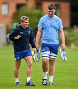 30 September 2024; Leinster players Fintan Gunne, left, and Alan Spicer arrive for squad training at UCD in Dublin. Photo by Brendan Moran/Sportsfile