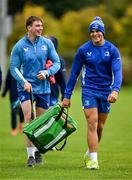 30 September 2024; Leinster players Diarmuid Mangan, left, and Aitzol King arrive for squad training at UCD in Dublin. Photo by Brendan Moran/Sportsfile