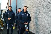 30 September 2024; Matty Smith of Shelbourne, right, arrives before the SSE Airtricity Men's Premier Division match between Shelbourne and St Patrick's Athletic at Tolka Park in Dublin. Photo by Tyler Miller/Sportsfile