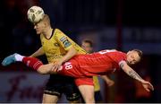 30 September 2024; Tom Grivosti of St Patrick's Athletic in action against Aiden O'Brien of Shelbourne during the SSE Airtricity Men's Premier Division match between Shelbourne and St Patrick's Athletic at Tolka Park in Dublin. Photo by Stephen McCarthy/Sportsfile