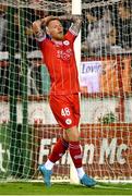 30 September 2024; Aiden O'Brien of Shelbourne reacts to a missed opportunity during the SSE Airtricity Men's Premier Division match between Shelbourne and St Patrick's Athletic at Tolka Park in Dublin. Photo by Stephen McCarthy/Sportsfile