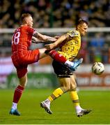 30 September 2024; Jamie Lennon of St Patrick's Athletic in action against Aiden O'Brien of Shelbourne during the SSE Airtricity Men's Premier Division match between Shelbourne and St Patrick's Athletic at Tolka Park in Dublin. Photo by Tyler Miller/Sportsfile