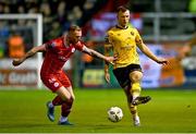 30 September 2024; Jamie Lennon of St Patrick's Athletic in action against Aiden O'Brien of Shelbourne during the SSE Airtricity Men's Premier Division match between Shelbourne and St Patrick's Athletic at Tolka Park in Dublin. Photo by Tyler Miller/Sportsfile
