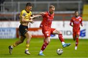 30 September 2024; Aiden O'Brien of Shelbourne in action against Joe Redmond of St Patrick's Athletic during the SSE Airtricity Men's Premier Division match between Shelbourne and St Patrick's Athletic at Tolka Park in Dublin. Photo by Tyler Miller/Sportsfile