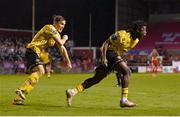 30 September 2024; Al-Amin Kazeem of St Patrick's Athletic, right, celebrates with team-mate Anto Breslin after scoring his side's third goal during the SSE Airtricity Men's Premier Division match between Shelbourne and St Patrick's Athletic at Tolka Park in Dublin. Photo by Stephen McCarthy/Sportsfile