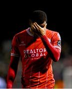 30 September 2024; Rayhaan Tulloch of Shelbourne dejected after his side's defeat in the SSE Airtricity Men's Premier Division match between Shelbourne and St Patrick's Athletic at Tolka Park in Dublin. Photo by Tyler Miller/Sportsfile