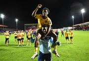 30 September 2024; Joseph Anang and Al-Amin Kazeem of St Patrick's Athletic after their side's victory in the SSE Airtricity Men's Premier Division match between Shelbourne and St Patrick's Athletic at Tolka Park in Dublin. Photo by Stephen McCarthy/Sportsfile