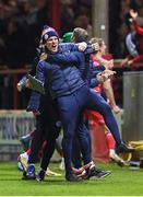 30 September 2024; Shelbourne coach David McAllister celebrates his side's second goal during the SSE Airtricity Men's Premier Division match between Shelbourne and St Patrick's Athletic at Tolka Park in Dublin. Photo by Stephen McCarthy/Sportsfile