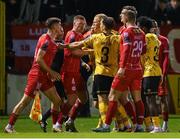 30 September 2024; Shelbourne and St Patrick's Athletic players tussle during the SSE Airtricity Men's Premier Division match between Shelbourne and St Patrick's Athletic at Tolka Park in Dublin. Photo by Stephen McCarthy/Sportsfile