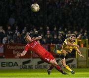 30 September 2024; Aidan Keena of St Patrick's Athletic in action against Kameron Ledwidge of Shelbourne during the SSE Airtricity Men's Premier Division match between Shelbourne and St Patrick's Athletic at Tolka Park in Dublin. Photo by Stephen McCarthy/Sportsfile