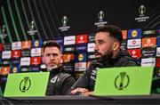 2 October 2024; Roberto Lopes, right, and manager Stephen Bradley speak to the media during a Shamrock Rovers press conference at Tallaght Stadium in Dublin Photo by Ben McShane/Sportsfile