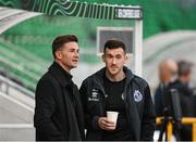 3 October 2024; Premier Sports pundit and former Shamrock Rovers player Ronan Finn with Aaron Greene of Shamrock Rovers before the UEFA Conference League 2024/25 league phase match between Shamrock Rovers and APOEL at Tallaght Stadium in Dublin. Photo by Stephen McCarthy/Sportsfile
