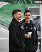 3 October 2024; Premier Sports pundit and former Shamrock Rovers player Ronan Finn with Aaron Greene of Shamrock Rovers before the UEFA Conference League 2024/25 league phase match between Shamrock Rovers and APOEL at Tallaght Stadium in Dublin. Photo by Stephen McCarthy/Sportsfile