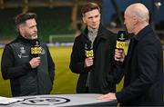 3 October 2024; Shamrock Rovers manager Stephen Bradley, left, with Premier Sports pundits Ronan Finn, second from left, and Kenny Cunningham before the UEFA Conference League 2024/25 league phase match between Shamrock Rovers and APOEL at Tallaght Stadium in Dublin. Photo by Stephen McCarthy/Sportsfile