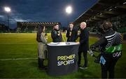 3 October 2024; Shamrock Rovers manager Stephen Bradley, second from left, with Premier Sports pundits, from left, Aisling O'Reilly, Ronan Finn and Kenny Cunningham before the UEFA Conference League 2024/25 league phase match between Shamrock Rovers and APOEL at Tallaght Stadium in Dublin. Photo by Stephen McCarthy/Sportsfile