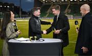 3 October 2024; Shamrock Rovers manager Stephen Bradley, second from left, with Premier Sports pundits, from left, Aisling O'Reilly, Ronan Finn and Kenny Cunningham before the UEFA Conference League 2024/25 league phase match between Shamrock Rovers and APOEL at Tallaght Stadium in Dublin. Photo by Stephen McCarthy/Sportsfile