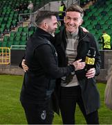 3 October 2024; Shamrock Rovers manager Stephen Bradley and Premier Sports pundit and former Shamrock Rovers player Ronan Finn during the UEFA Conference League 2024/25 league phase match between Shamrock Rovers and APOEL at Tallaght Stadium in Dublin. Photo by Stephen McCarthy/Sportsfile