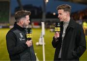 3 October 2024; Shamrock Rovers manager Stephen Bradley, left, speaks with Premier Sports pundit and former Shamrock Rovers player Ronan Finn before the UEFA Conference League 2024/25 league phase match between Shamrock Rovers and APOEL at Tallaght Stadium in Dublin. Photo by Stephen McCarthy/Sportsfile
