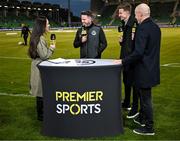 3 September 2024; Shamrock Rovers manager Stephen Bradley with Premier Sport's presenter Aisling O'Reilly and analysts Ronan Finn and Kenny Cunnigham, right, before the UEFA Conference League 2024/25 league phase match between Shamrock Rovers and APOEL at Tallaght Stadium in Dublin. Photo by Stephen McCarthy/Sportsfile