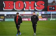 4 October 2024; Colm Whelan, left, and Ciarán Coll of Derry City before the Sports Direct Men’s FAI Cup semi-final match between Bohemians and Derry City at Dalymount Park in Dublin. Photo by Stephen McCarthy/Sportsfile