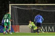 4 October 2024; Bray Wanderers goalkeeper Jimmy Corcoran saves a penalty from Hugh Parker of UCD during the SSE Airtricity Men's First Division match between UCD and Bray Wanderers at UCD Bowl in Belfield, Dublin. Photo by Thomas Flinkow/Sportsfile