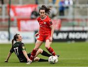 5 October 2024; Roma McLaughlin of Shelbourne in action against Dearbhaile Beirne of Peamount United during the SSE Airtricity Women's Premier Division match between Shelbourne and Peamount United at Tolka Park in Dublin. Photo by Thomas Flinkow/Sportsfile