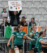 5 October 2024; Eve Higgins of Ireland celebrates a try by teammate Eimear Considine during the Women's WXV1 Rugby International Pool match between Canada and Ireland at Langley Events Centre in Vancouver, Canada. Photo by Joe Walsh/Sportsfile