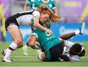 5 October 2024; Fiona Tuite of Ireland is tackled by Alex Tessier and Alexandria Ellis of Canada during the Women's WXV1 Rugby International Pool match between Canada and Ireland at Langley Events Centre in Vancouver, Canada. Photo by Rich Lam / World Rugby via Sportsfile